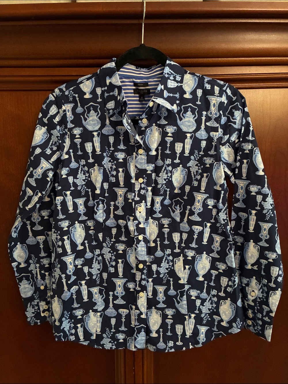Talbots Navy Blue Button-Down Shirt with Light Blue and White Vase Print